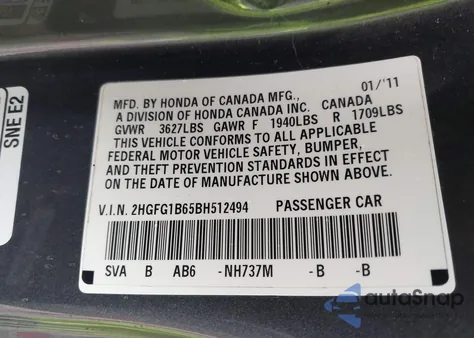 2011 Honda Civic Lx from USA, damaged, VIN 2HGFG1B65BH512494